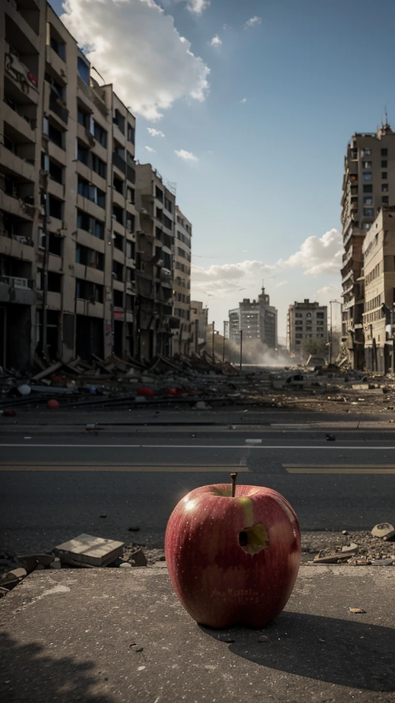 A scary monster apple with a backdrop of destroyed buildings in a city that is currently undergoing war due to a powerful bomb explosion