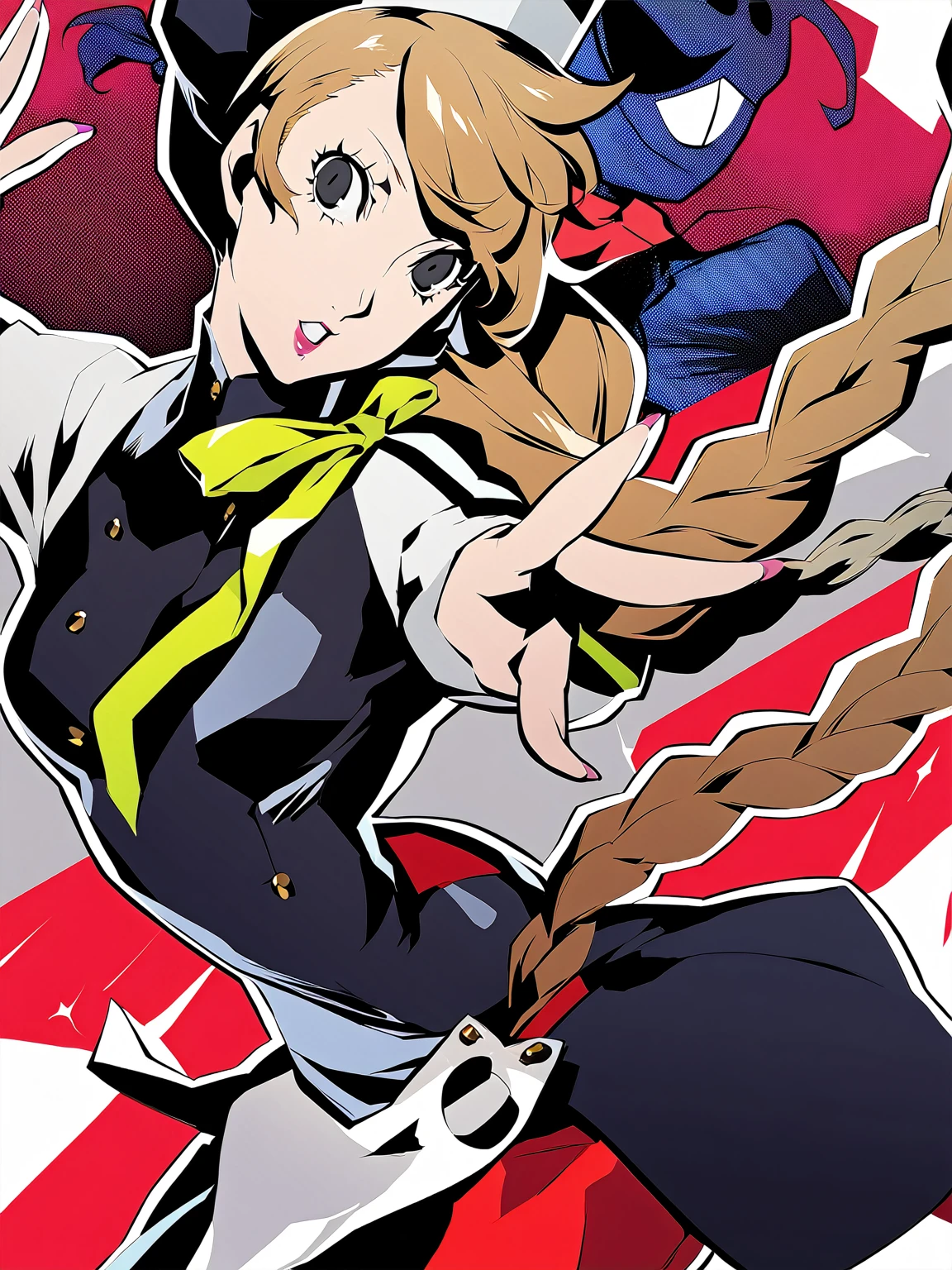 beautiful girl, long braids, light brown hair, black eyes, teen, Persona5 character, Taiga Asaki chef-d&#39;œuvre, meilleure qualité, pose dynamic, pretty, lavender color, side bangs, idol, Shujin academy, skirt, character concept art