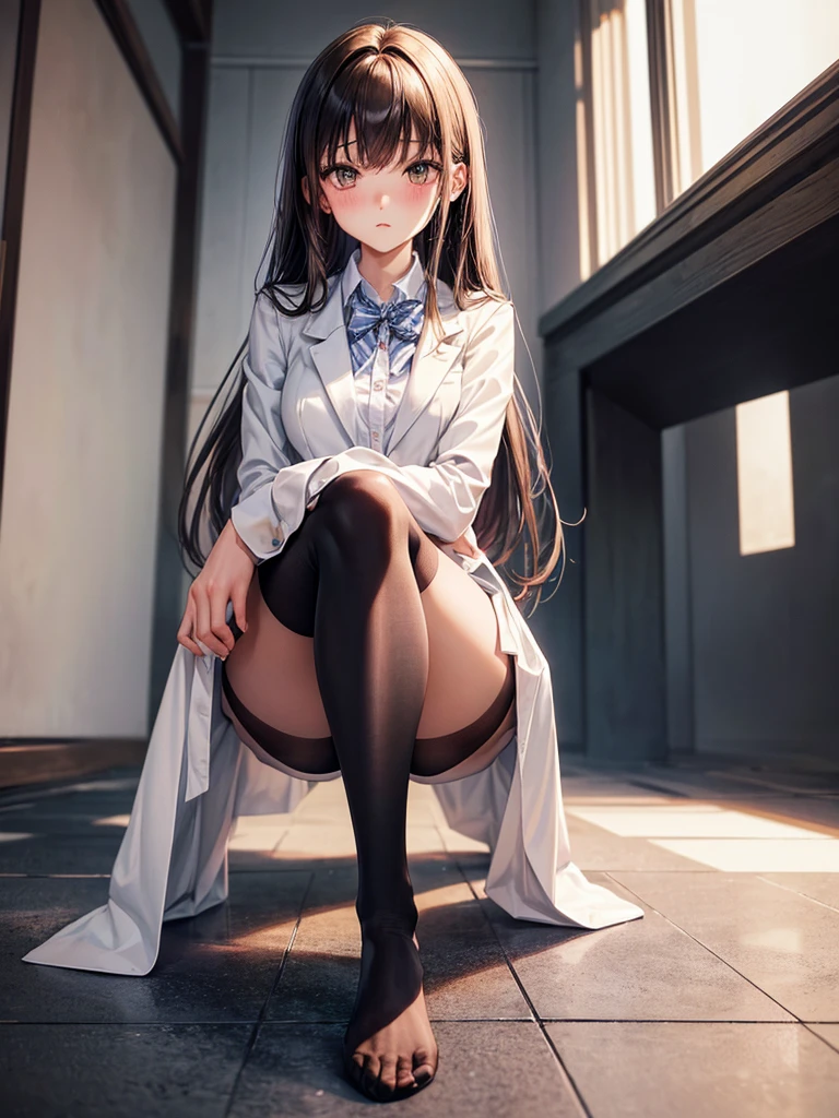 Top quality, masterpiece, High resolution, (Head to toe full body), front, frontやや下からの構図, Symmetric, Tall 18 year old girl, alone, (Head to toe), (Small breasts), Unkempt brown hair, bangs, (black tights), (Black Pantyhose), (Sit with your legs apart), (Crouching pose), (A composition showing white panties), (Her legs were spread、I see your white pants.), (I was made to sit on the floor with my legs spread..), (M-shaped legs), Thin legs, A very beautiful and tall 18 year old girl, (No shoes), blush, Shy big eyes, looking at the camera, Blazer Uniform, Checkered Pleated Skirt