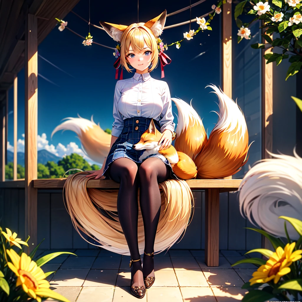 ((best quality)), ((masterpiece)), (detailed), 1girl, logo in a bright flower in a circle, inside of which sits a girl fox with ten tails,