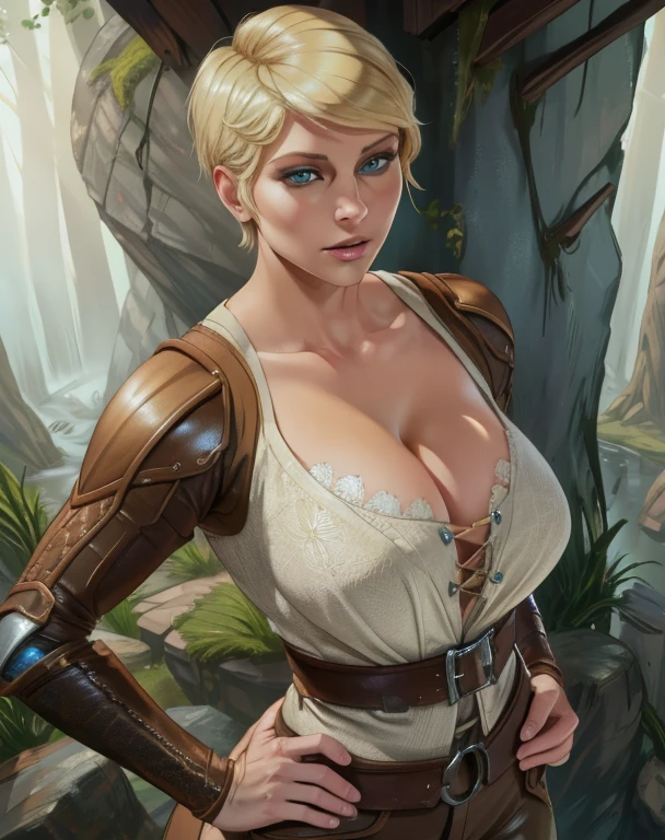 [artist:rizdraws], Ranger, blonde hair, blue eyes,  short hair, huge breasts, wide hips,
white shirt, leather armor, (cleavage), view from above,
 upper body, standing,  motion lines, 
forest, morning, 
(insanely detailed, beautiful detailed face,beautiful detailed eyes, masterpiece, best quality) 
 