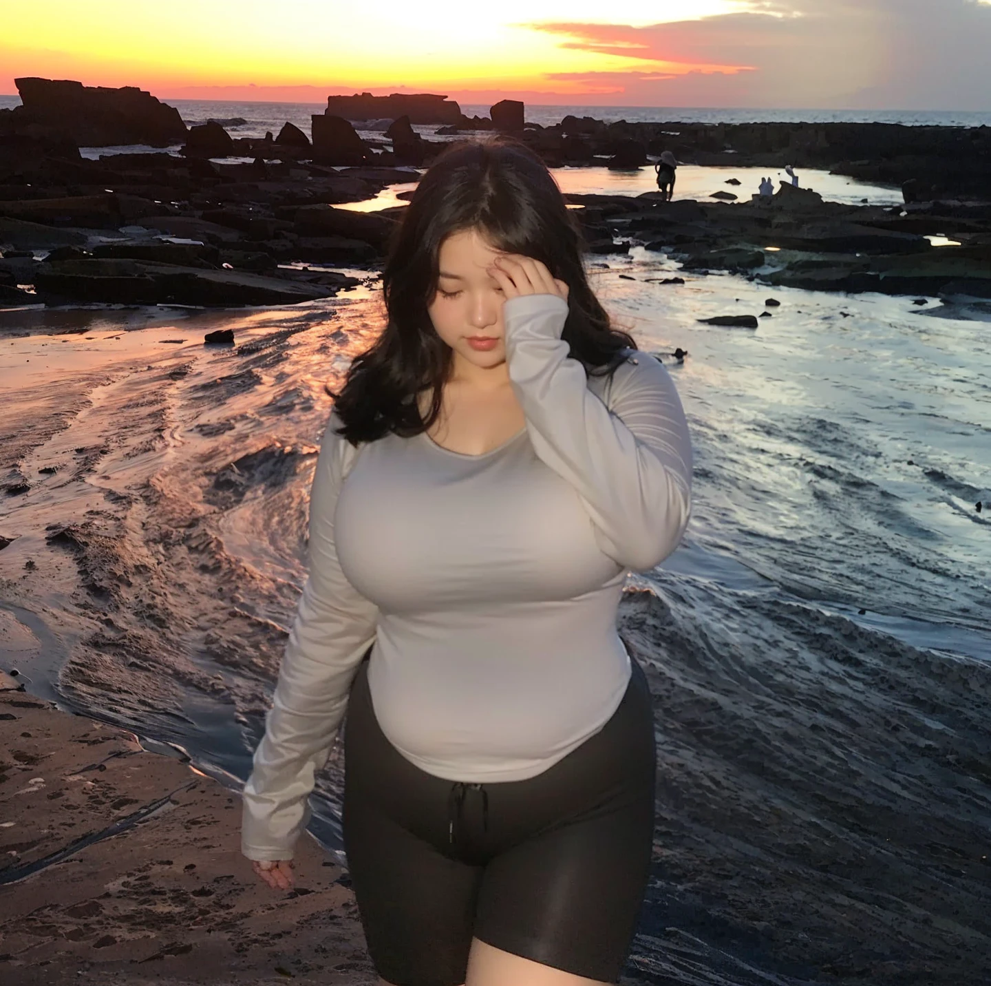 there is a woman standing on a beach with a surfboard, with sunset, thicc, at beach at sunset, during sunset, with a sunset, during a sunset, she has a jiggly fat round belly, bbwchan, on the beach during sunset, the ocean in the background, taken in 2 0 2 0, in the sunset