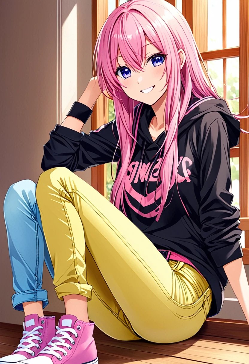 Megurine Luka casual clothes, colorful jeans, morning smile