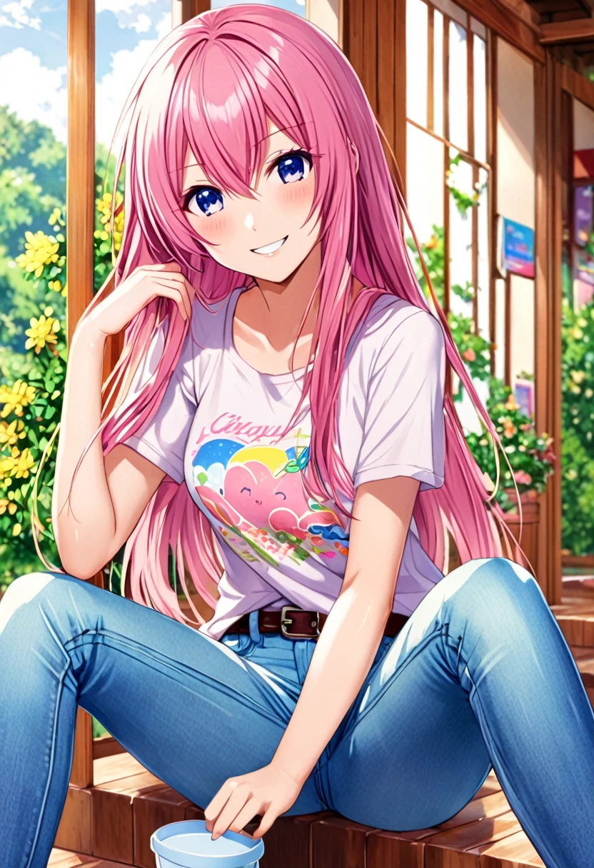 Megurine Luka casual clothes, colorful jeans, morning smile