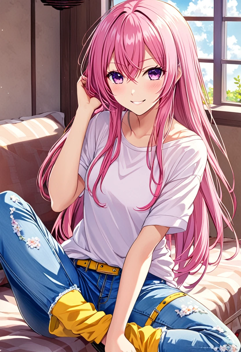 Megurine Luka casual clothes, colorful jeans, morning smile