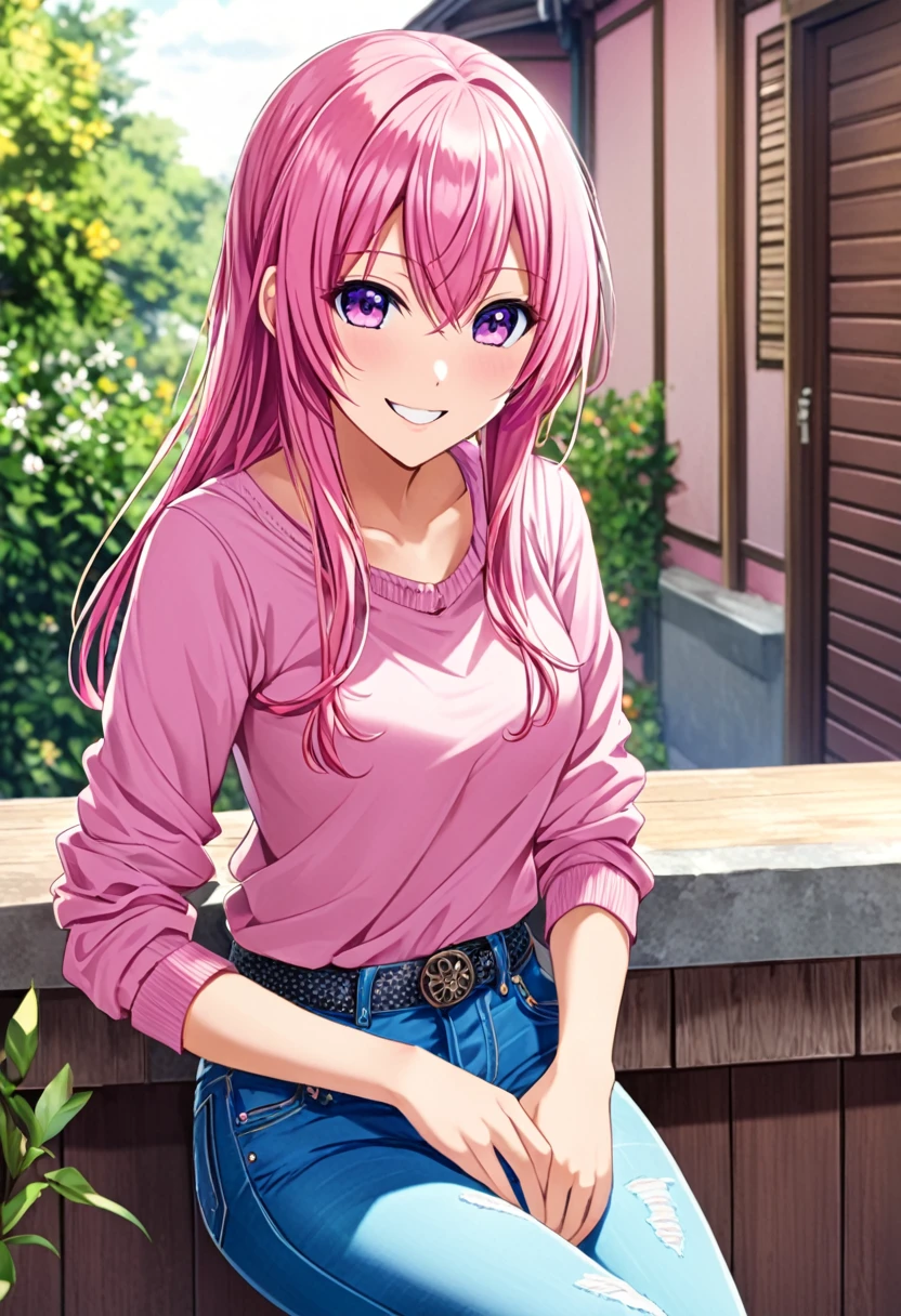 Megurine Luka casual clothes, colorful jeans, morning smile