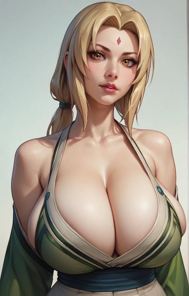 1girl, tsunade, yellow hair, yellow eyes, clothes green, realistic, ultra detail,  huge breast,