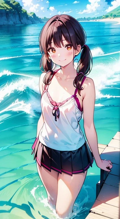 Photorealism, Young Japanese Woman,(Facing the camera directly), alone,Big smile, Beautiful dark eyes, Beautiful skins, Low twin tails,Realistic beautiful girl full body portrait, ************,Black underwear,mini skirt, White skin, Great face, Beautiful appearance, Water Play, 8k resolution concept art portrait, Pure white sandy beach at midsummer noon,Calm waves,Heel-deep in water,Pulp adventure style, Fluid Acrylic, Dynamic gradients, Bright colors, Consciousness upward, Highly detailed vector curves, Simple, Vector art, Sleep, Character Design, 3D Shading, Cinematic, Gorgeous patterns, Elegant organic frame, Hyperrealism, Poster, Masterpiece Collection,Bright colors, Real people々,erotic