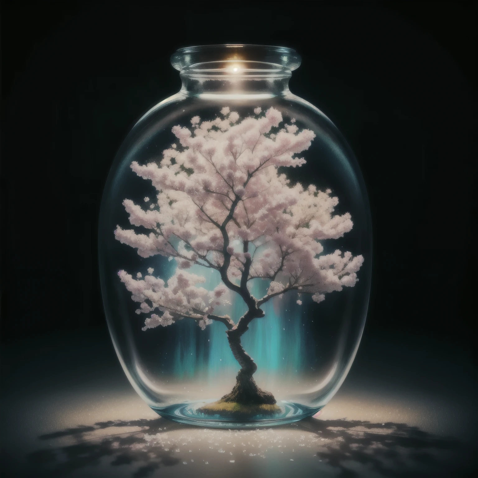 sakura tree in a bottle, fluffy, realistic, atmospheric light refraction, by lee jeffries nikon d850 film stock photograph 4 kodak portra 400 camera f1.6 lens rich colors hyper realistic lifelike texture dramatic lighting unreal engine trending on artstation cinestill 800, Style-Glass