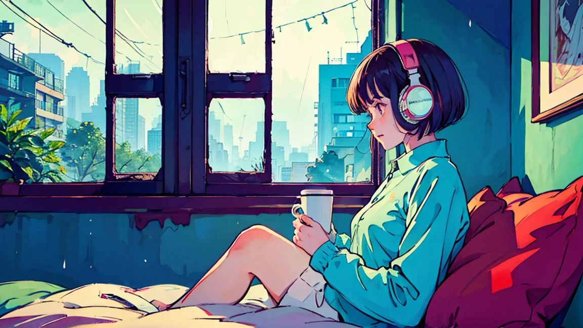 Lofi Song, sitting on the bed. looking at the window, having a coffee. listening to music on headphones, while looking out the window and seeing the rain falling
