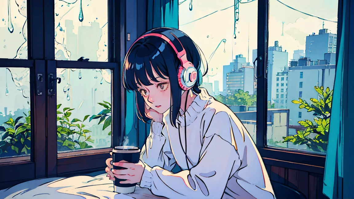 Lofi Song, sitting on the bed. looking at the window, having a coffee. listening to music on headphones, while looking out the window and seeing the rain falling
