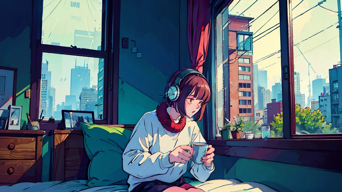 Lofi Song, sitting on the bed. looking at the window, having a coffee. listening to music on headphones, while looking out the window and seeing the rain falling