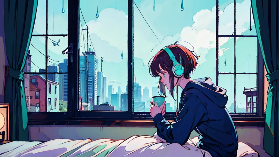 Lofi Song, sitting on the bed. looking at the window, having a coffee. listening to music on headphones, while looking out the window and seeing the rain falling
