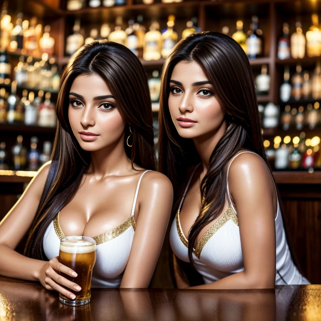 (realistic), (best quality),(8K),Ultra detailed ,HD beautiful brunette Arab woman aged 21 with matte skin dressed, Colombian, beautiful straight nose, beautiful face, dans un bar realistic entrain de boire un verre