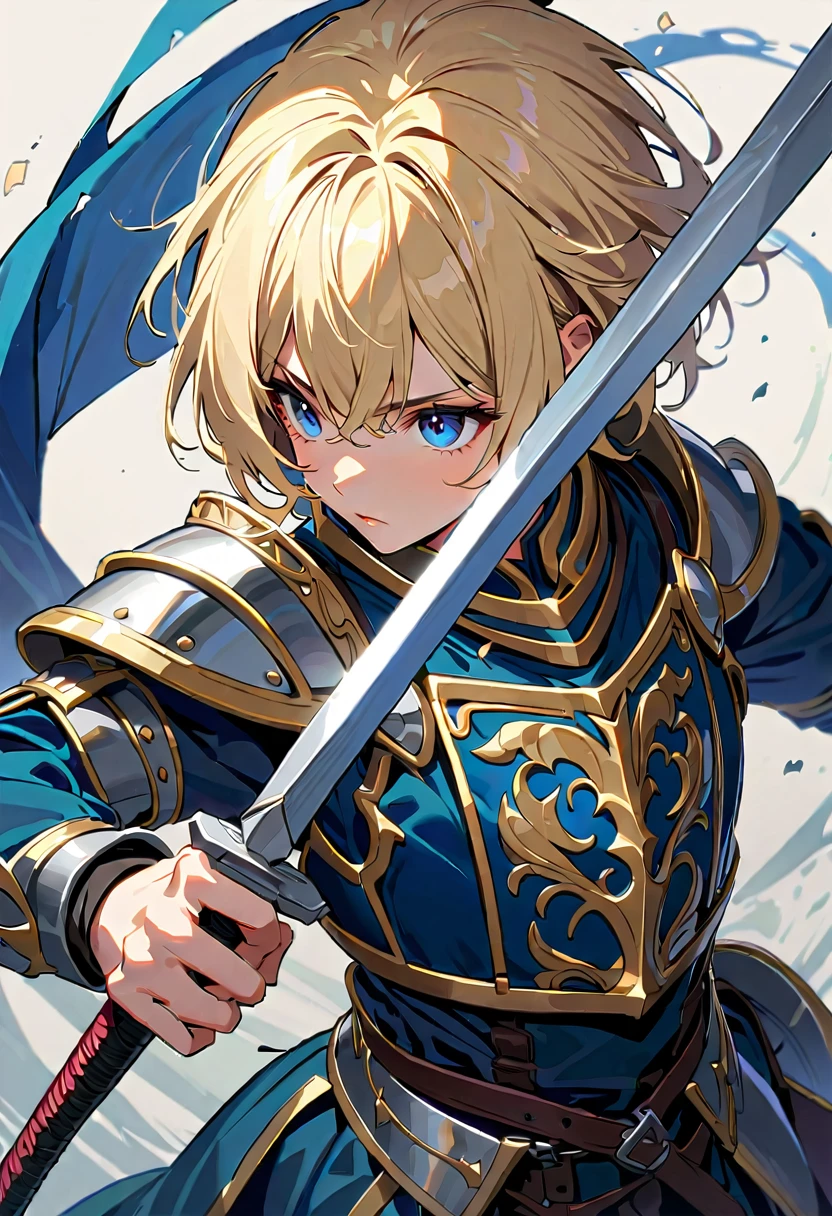 19-year-old human, dark blue eyes, blond long bob cut haircut, thin frame, 170 cm tall, medieval armor, long two-handed sword, warrior, focused, elegant, intricate engravings