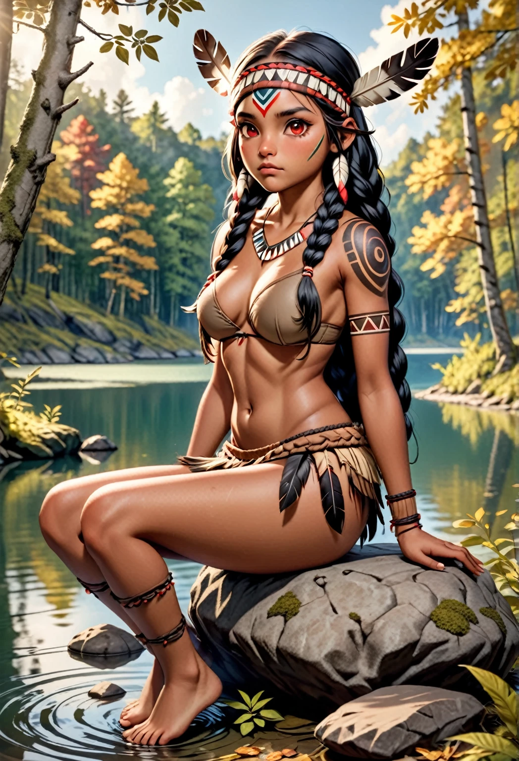 (indigenous girl:1.8), (fur and leather loincloth and bra:1.4), blonde long curly hair with individual braids, (dark skin and athletic body:1.2), primitive tattoos over her body, red eyes, (sitting on a stone in the forest with a lake:1.3), detailed skin texture, 24k resolution, highly detailed, (natural front light:0.8), (toon style:0.5), masterpiece, (full body view:1.0), (sunlight:1.5)