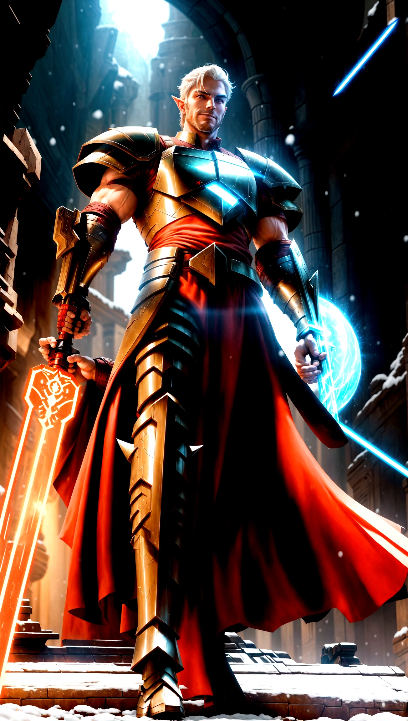 full body shot, star wars, 3d shading, tall brawny muscular, pale white skin, snow elf, subtle grin, long scarlet red tied back hair, thick eyebrows and stubble, red eyes, holding his twohanded claymore greatsword the large green plasma blade, black half plate armor with a Pauldron and dark brown leather accents, bright space station background