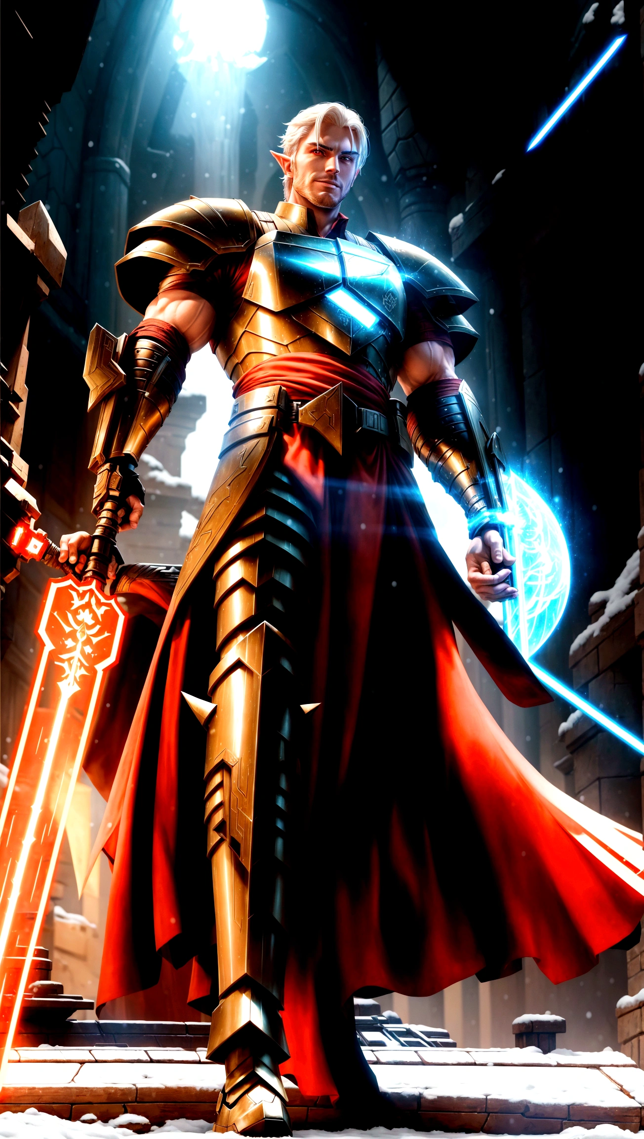 full body shot, star wars, 3d shading, tall brawny muscular, pale white skin, snow elf, subtle grin, long scarlet red tied back hair, thick eyebrows and stubble, red eyes, holding his twohanded claymore greatsword the large green plasma blade, black half plate armor with a Pauldron and dark brown leather accents, bright space station background