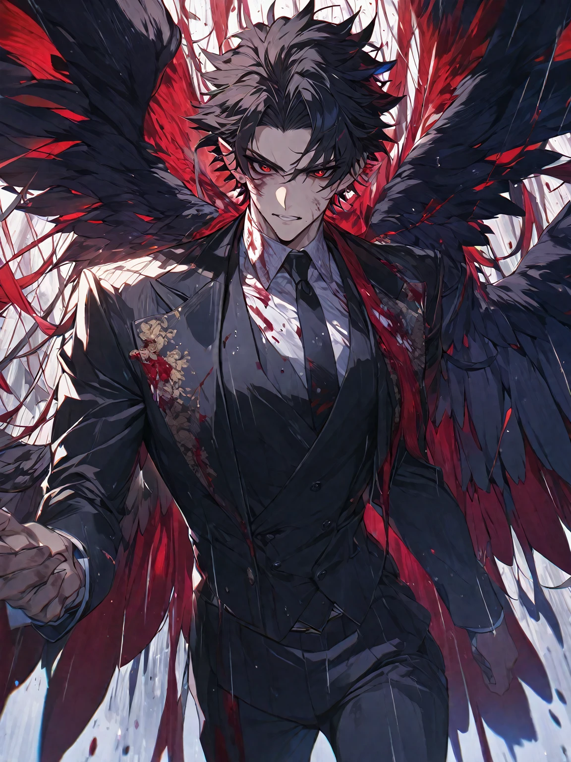 The best quality, one, beautiful, 1 man, with a sporty body, V-shaped body, wide shoulders, he is in a black British suit, a beautiful and confident face, big bloody wings, sharp ears, long black hair, wild and dirty hair, black sclera and blood-red iris eyes, a rain of blood and a lot of blood around him, bloody lines and threads
