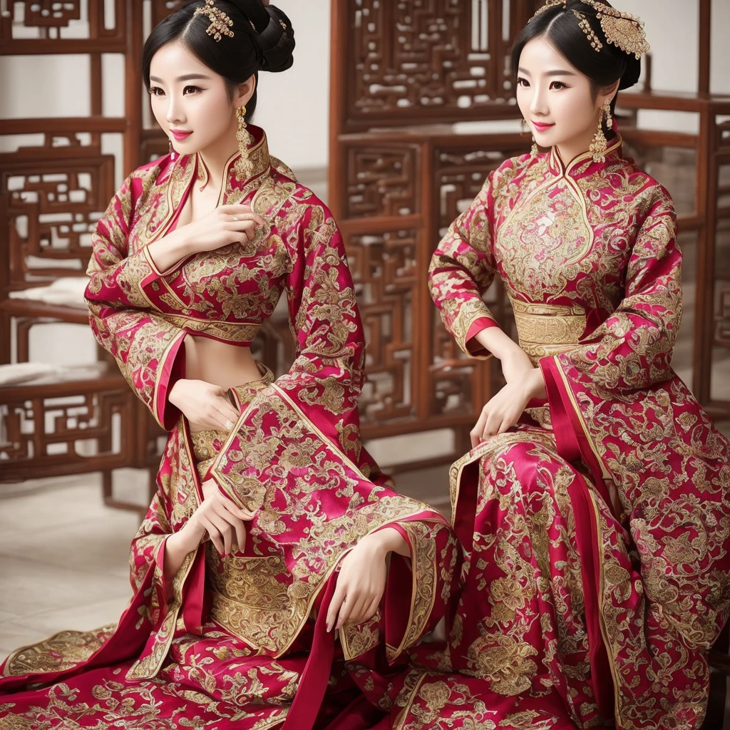 Stunning single woman on Instagram, sexy Chinese woman sexy sitting poses, her radiant beauty captivates the viewer. She wears traditional, ornate Chinese clothing whose intricate patterns and textures highlight her cultural heritage. Her piercing eyes shine with independence. photorealistic, only one woman in the photo, random facial appearance, wet body, young face , pale white skin