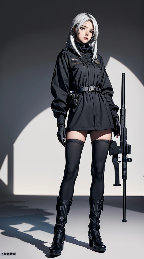  1girl, solo, long hair, looking at viewer, thighhighs, gloves, long sleeves, holding, closed mouth, standing, full body, weapon, white hair, boots, black gloves, belt, pants, holding weapon, lips, gun, grey eyes, military, shadow, holding gun, rifle, knee pads, sniper rifle