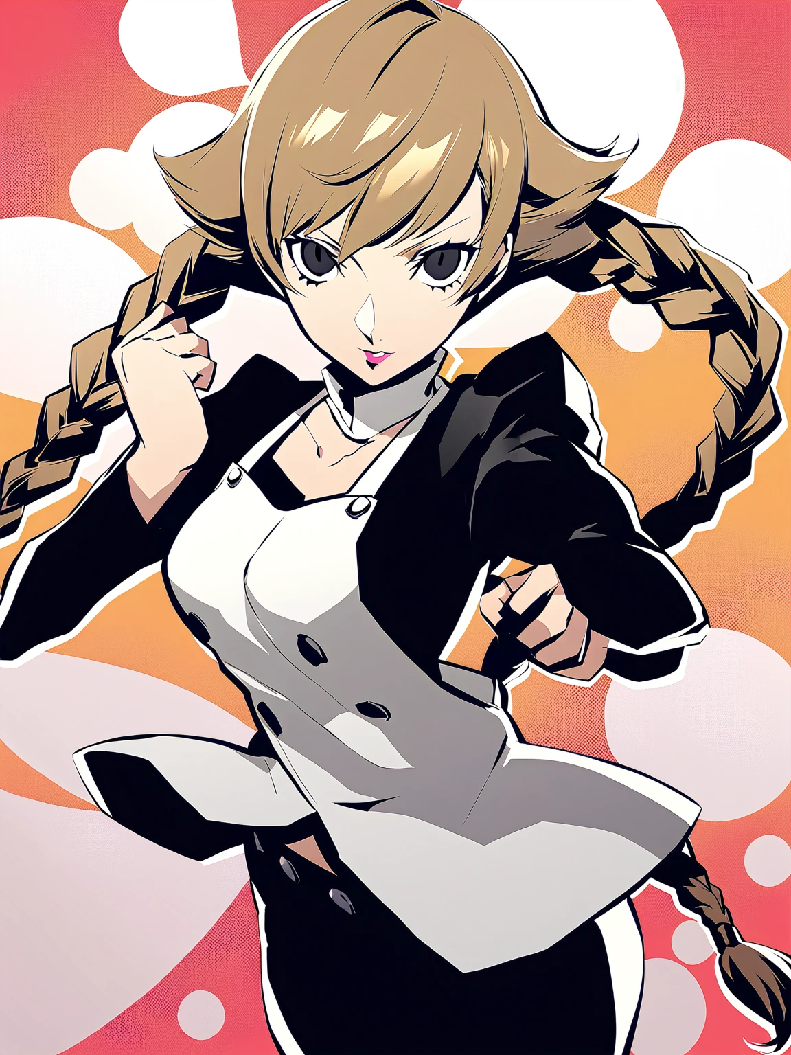 beautiful girl, long braids, light brown hair, black eyes, teen, Persona5 character, Taiga Asaki chef-d&#39;œuvre, meilleure qualité, pose dynamic, pretty, lavender color, side bangs, idol, character concept art, frills, angelic