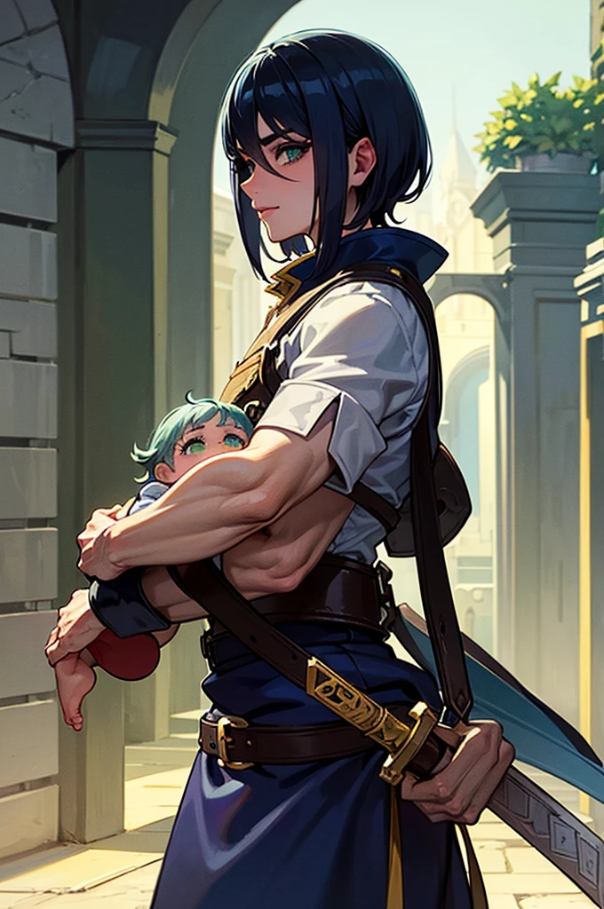 A man with dark blue hair, green eyes, white eyelashes, white eyelashes, her eyelashes are white, very attractive in the style of the Castlevania anime, He carries a sword and is in a palace, he is 26 years old