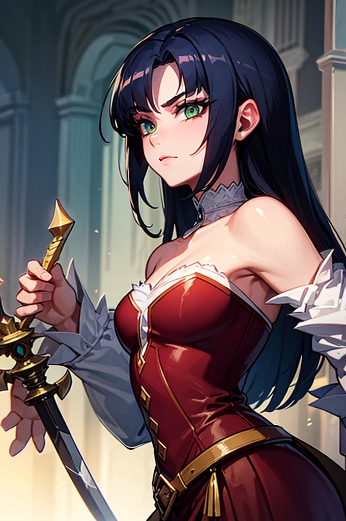 A man with dark blue hair, green eyes, white eyelashes, white eyelashes, her eyelashes are white, very attractive in the style of the Castlevania anime, He carries a sword and is in a palace, he is 26 years old