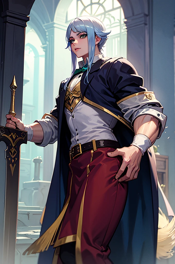 A man with dark blue hair, green eyes, white eyelashes, white eyelashes, her eyelashes are white, very attractive in the style of the Castlevania anime, He carries a sword and is in a palace, he is 26 years old