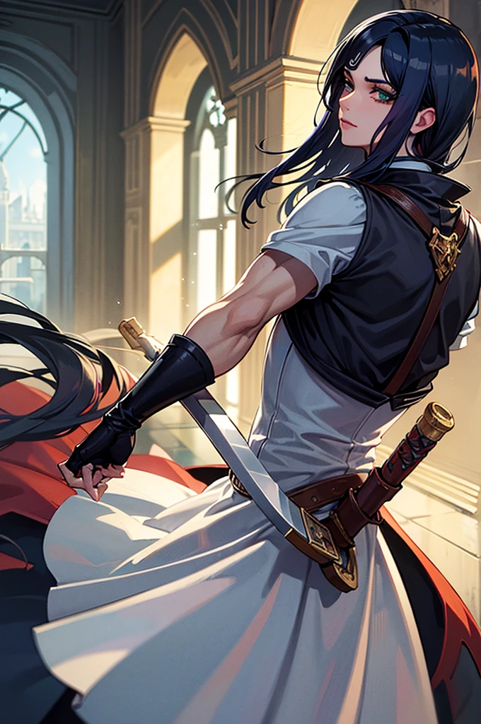 A man with dark blue hair, green eyes, white eyelashes, white eyelashes, her eyelashes are white, very attractive in the style of the Castlevania anime, He carries a sword and is in a palace, he is 26 years old