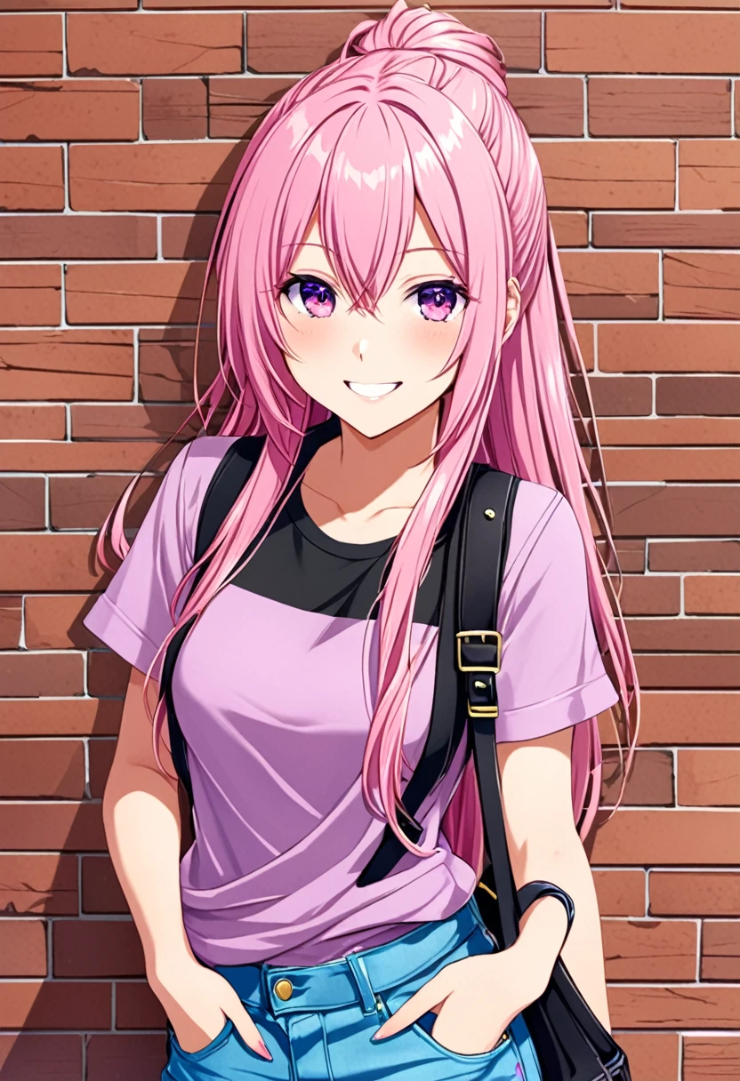 Megurine Luka casual clothes, colorful jeans, Asa, smile, upper body