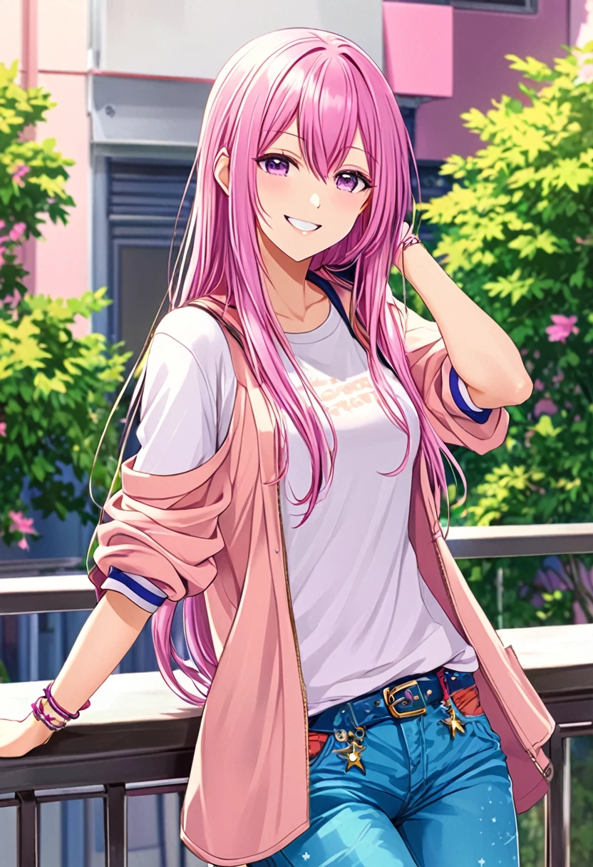 Megurine Luka casual clothes, colorful jeans, Asa, smile, upper body