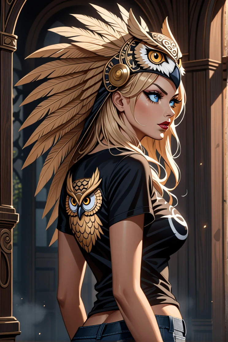 3/4 view, Woman Madara Naruto + Pamela Anderson sexy big ass wearing an (owl headdress), looking away, [Surrealism | Pop Surrealism | Lowbrow Art], [Photography | Digital Painting], in the style of [Brian Viveros | Mark Ryden | Audrey Kawasaki], [rich colors | intricate details], inspired by [Film Noir | Gothic Fashion] t shirt gold black  sexy decote melancholic woman with intense blue eyes, wearing a detailed and realistic owl headdress, dramatic shadows, intricate feather textures, high contrast, mysterious atmosphere, fine detailing, soft focus, 8k, trending on ArtStation. by Satori Canton🧸