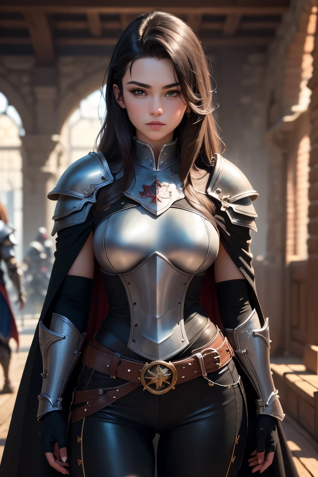 ((best quality)), ((masterpiece)), (detailed), Prize-winning works, with incredible details, maximum textures and details, uhd ,8K,super resolution ,depth of field, retina, masterpiece, anatomically correct, textured skin, super detail, high details, highres ,1 adventurous girl in brunette warrior costume ,beautiful  face, stop at an adventurers guild, chestnut hair, developing long hair, slickedback hair, wearing medieval black armor  , black gauntlets and gloves, black breastplate black leather,black pants, black belts ,black long cape ,fully body, hyper-detailed piercing eyes ,black heavy armor (15 year old young man :1.1,detailedeyes, face detailed, whole body:1.1,the background is an adventurers guild ),(best qualityer:1.2,ultra detali:1.1,realisitic:1.37) ,eyeshadows,sharp focus,swirly vibrant colors,)