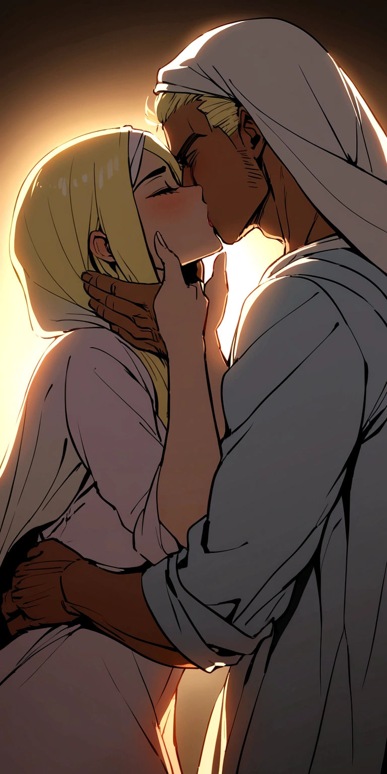 Hijabi Muslim woman kisses muscular blonde man