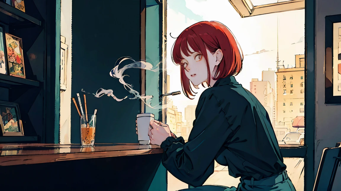 beautiful Asian girl with red hair sitting in a cafe at night, seen through a window, face perfect, oculos de sol, smoking a custom-made white cigarette, NeonBlack, (back-illuminated: 1.1), hard shadow, work of art, best qualityer, intricate, model shoot style, vintage, Film grain, Incomplete unit details,citypop,cassettetape