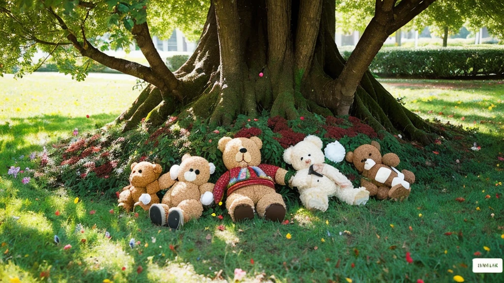 A tree covered with teddy bears. Sunny