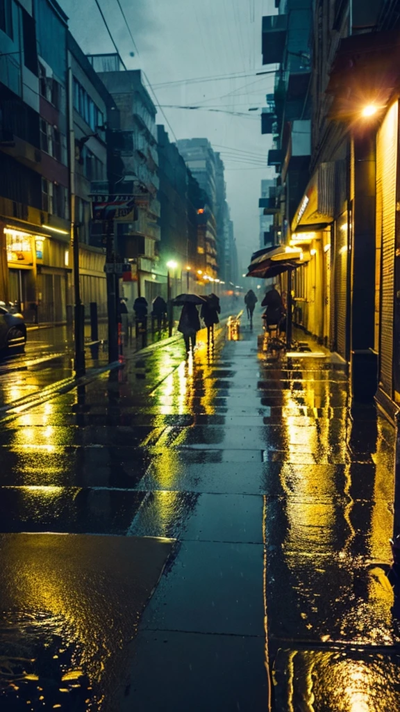 A rain-soaked sidewalk In the city Night view
