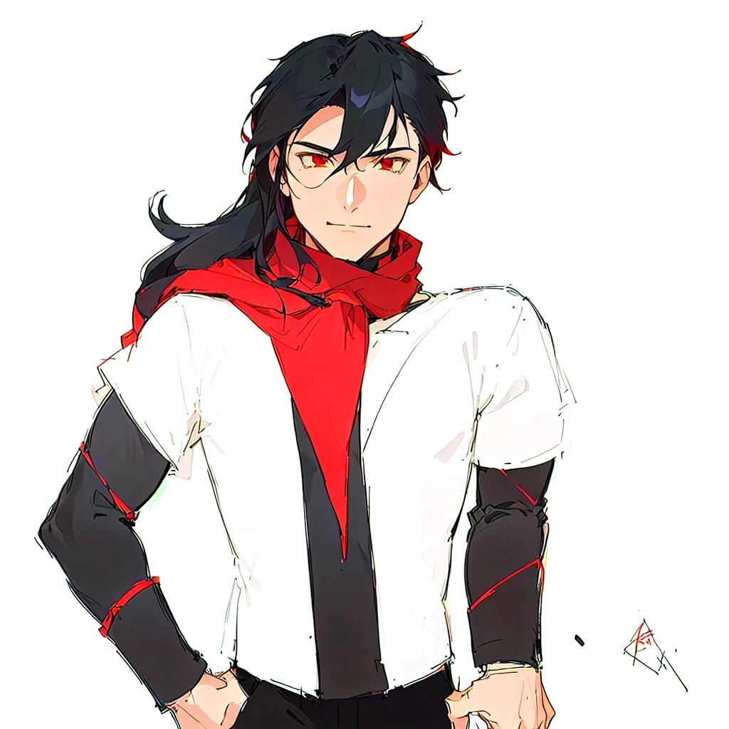 a cartoon drawing of a man with long hair and a red scarf, jett from valorant, cel - shaded art style, he‘s wearing a red scarf, clean cel shaded, inspired by Sebastian Vrancx, inspired by Chen Jiru, anime style character, cel shaded!!!, as an anime character, he‘s wearing a red neckerchief
