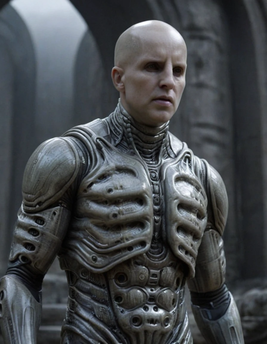 Engineer1024, cinematic movie still of the Prometheus movie by Ridley Scott, a bald pale semi-alien male with dark black eyes, ivory bio-metallic-bone armor inspired by H. R. Giger, extremely detailed pale skin with visible respiratory pores, in a dynamic pose, angry expression,
extremely high quality RAW photograph, exquisite details and textures, highly detailed, ultra detailed photograph, dramatic cinematic lighting, 4k,
highest resolution, (bokeh:1.3), (best quality, masterpiece:1.3), ultra high res, 16k unity wallpaper, intricate details, highest detailed, sharp focus, extreme shadow-play, low key, backlit, (filmgrain:1.3)
dramatic full body shot, wide angle view
ancient ruins of an otherworldly alien planet , dusty atmospheric haze, mesmerizing fog, dark pastel colors