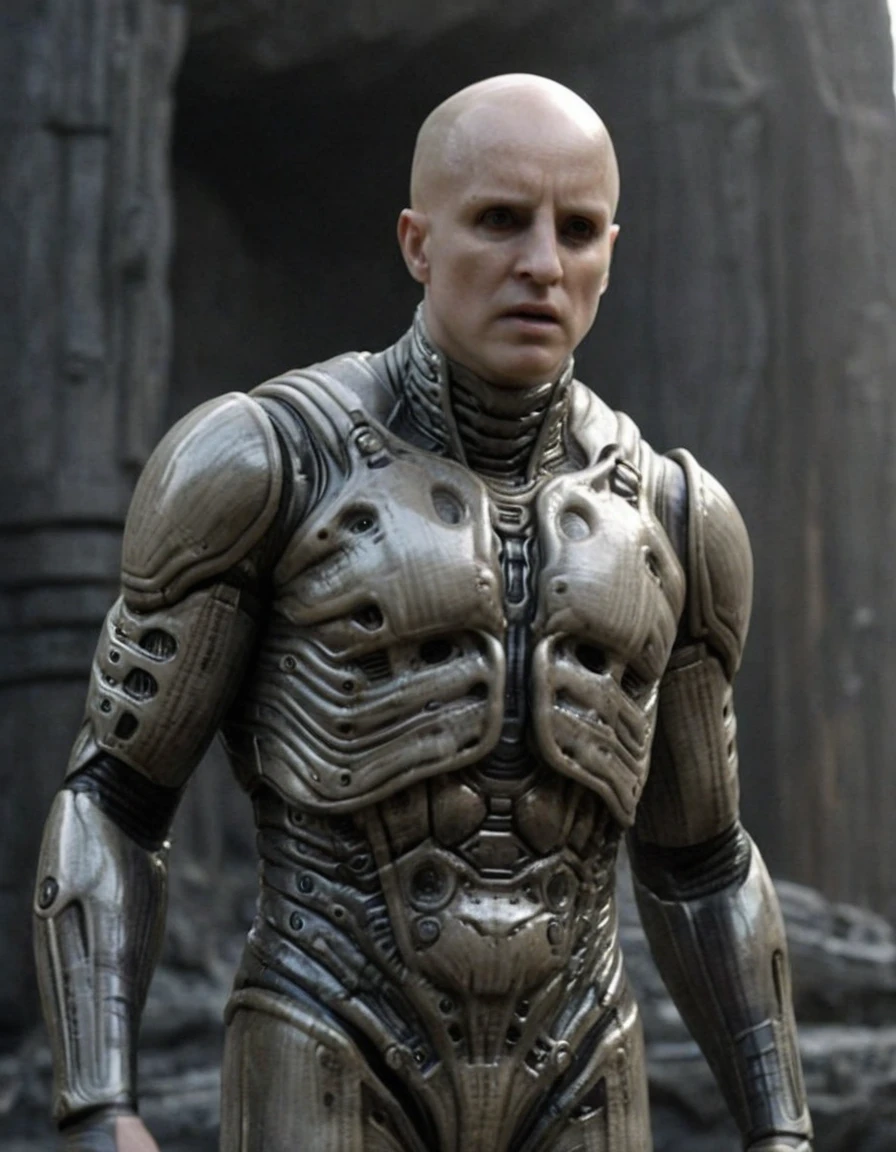 Engineer1024, cinematic movie still of the Prometheus movie by Ridley Scott, a bald pale semi-alien male with dark black  eyes, ivory bio-metallic-bone armor inspired by H. R. Giger, extremely detailed pale skin with visible respiratory pores, in a dynamic pose, angry expression,
extremely high quality RAW photograph, exquisite details and textures, highly detailed, ultra detailed photograph, dramatic cinematic lighting, 4k,
highest resolution, (bokeh:1.3), (best quality, masterpiece:1.3), ultra high res, 16k unity wallpaper, intricate details, highest detailed, sharp focus, extreme shadow-play, low key, backlit, (filmgrain:1.3)
dramatic full body shot, wide angle view
ancient ruins of an otherworldly alien planet , dusty atmospheric haze, mesmerizing fog, dark pastel colors
