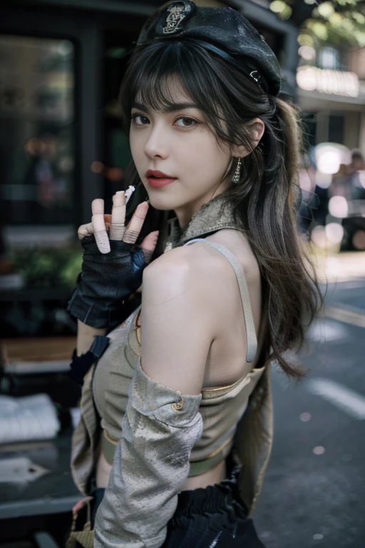 19 years old, (milf:0.8), (solo:1.5), (sfw:1.25), sexy breast, beautiful breasts, (medium tits:0.8), thin waist, big ass:1.0, Raised sexy, (black beret,black military jacket, open clothes, cleavage, midriff, black shorts, black thighhighs, thigh strap, fingerless gloves, single glove:1.2), blue eyes, light smile, big , Revimpling fabric, earrings, Hand gloves, detailed face,(hold a cigarette:1.1),long hair,side ponytail,hair between eyes,bangs,detailed and beautiful eyes,beautiful detailed lips,Rolling her eyes,manner,hair over one eye, (ultra high resolution, 8K RAW photo, photo realistics, thin outline:1.3, clear focus), best qualtiy, natural lighting, textile shading, field depth, (Bright pupils, fine detailed beautiful eyes with highlight:1.3, high detailed face), Red lip, fine realistic skins:1.1, looking down viewers:1.3, (dynamic angle:1.3, front view:1.1, breast focus:1.3, from above:1.2), (dynamic posing:1.5, sexy posing:1.2),Youghal, side lock, hair ornaments,nice,garden background,artistic rendering,Super detailed,(highest quality,4k,8K,High resolution,masterpiece:1.2),Bright colors,studio lighting ,at military base in usa