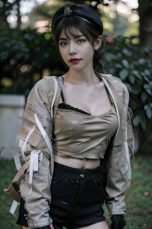 19 years old, (milf:0.8), (solo:1.5), (sfw:1.25), sexy breast, beautiful breasts, (medium tits:0.8), thin waist, big ass:1.0, Raised sexy, (black beret,black military jacket, open clothes, cleavage, midriff, black shorts, black thighhighs, thigh strap, fingerless gloves, single glove:1.2), blue eyes, light smile, big , Revimpling fabric, earrings, Hand gloves, detailed face,(hold a cigarette:1.1),long hair,side ponytail,hair between eyes,bangs,detailed and beautiful eyes,beautiful detailed lips,Rolling her eyes,manner,hair over one eye, (ultra high resolution, 8K RAW photo, photo realistics, thin outline:1.3, clear focus), best qualtiy, natural lighting, textile shading, field depth, (Bright pupils, fine detailed beautiful eyes with highlight:1.3, high detailed face), Red lip, fine realistic skins:1.1, looking down viewers:1.3, (dynamic angle:1.3, front view:1.1, breast focus:1.3, from above:1.2), (dynamic posing:1.5, sexy posing:1.2),Youghal, side lock, hair ornaments,nice,garden background,artistic rendering,Super detailed,(highest quality,4k,8K,High resolution,masterpiece:1.2),Bright colors,studio lighting ,at military base in usa
