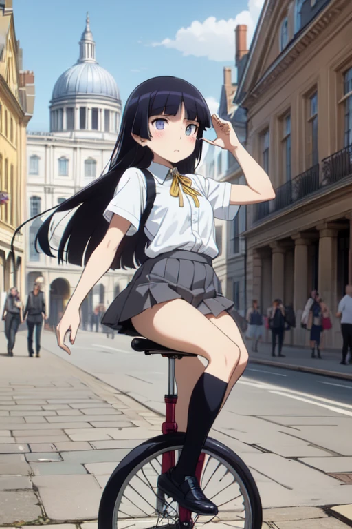 (ruri gokou), (((riding a high unicycle))), (((arch skylight and ceiling))), (((juggling))), (((crowd))), ((dancing)), ((raise arms)), ((busking)), ((fluttering hair)), Bare legs, backlighting, pavement bricks, covent garden by georgian architecture style, fingers,  Mole, Mole under eye, girl, (alone), , Black socks, Short sleeve,  Grey Skirt, Hime cut, push into, Collared shirt, Yellow ribbon, blue eyes, 