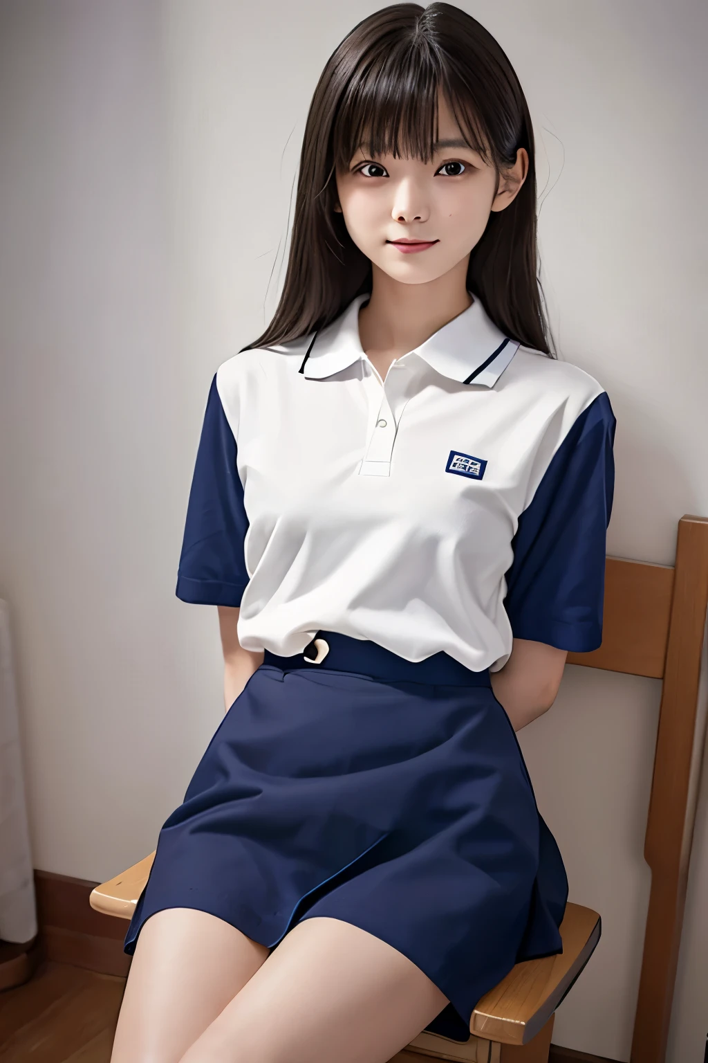 Japanese、high school student、18-year-old、Medium build、Beauty、Facing forward、Kind eyes、Uniform eyes、He is wearing a long navy blue short-sleeved polo shirt、She is wearing a grey tight long skirt、Sitting in a chair、Hands behind back、((Her white underwear is visible between her skirt and legs.))、(Wearing white panties)、She is facing the camera with both knees together.、Anatomically correct body、, black hair, hair over shoulder, straight hair, expressive hair, shiny hair, asymmetrical bangs, seductive smile, parted bangs, Surrealism, Verism, cinematic lighting, reflection light, first-person view, Nikon, f/1.2, UHD, masterpiece, textured skin, high details, award winning, best quality, highres, 8k, super detail