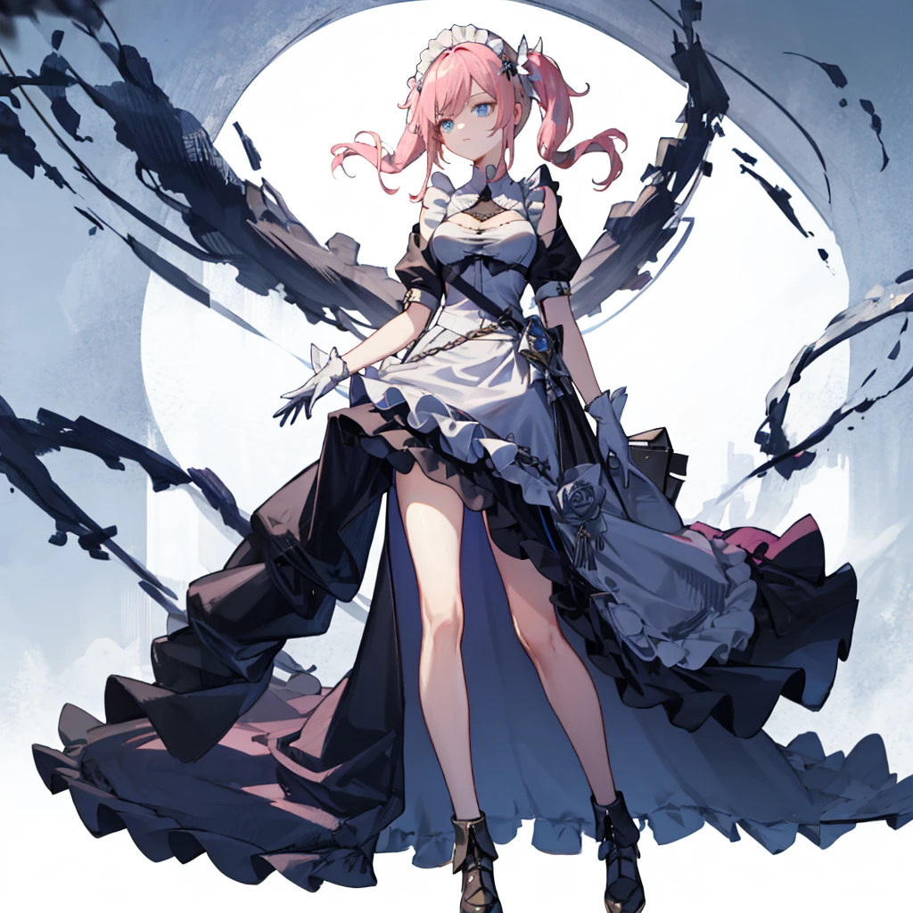 1 girl,rose,full body,pink long hair,high twin tail,((White Maid Costume)),blue eyes,Blunt bang,((whole body)),whole body,
