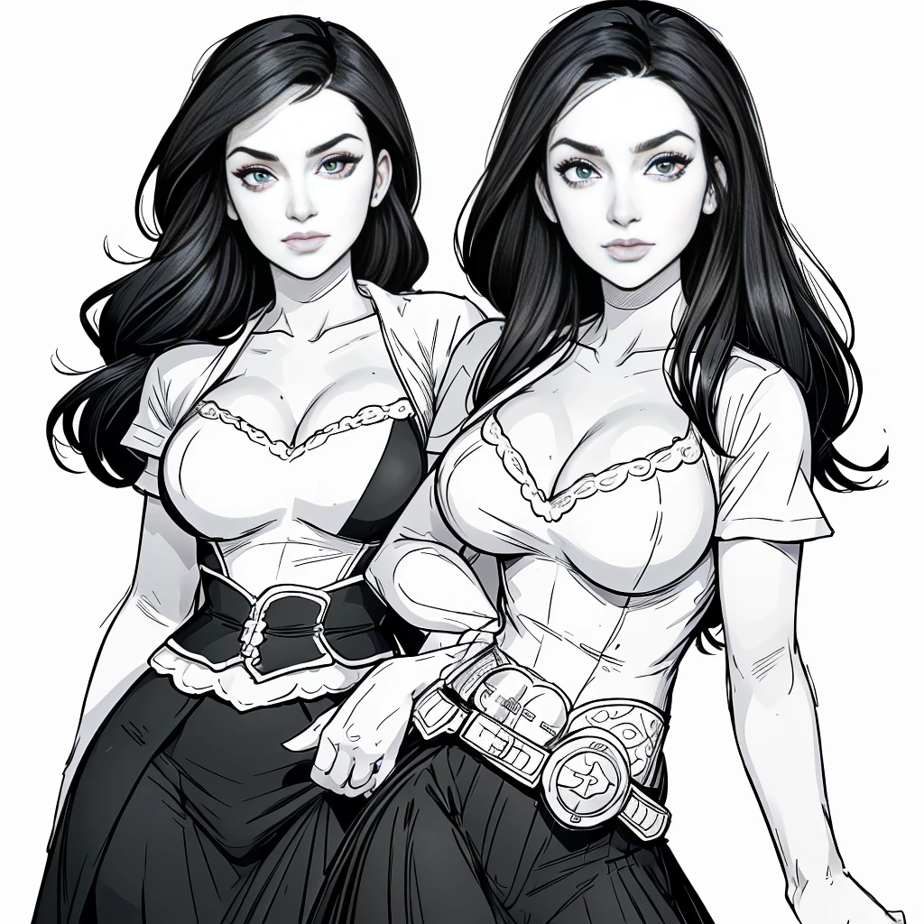 Coloring book for adults. Only black and white. low detail only main line. sexy female punisher with large breasts. black sexy top and black skirt. white punisher skull on shirt. white background. white colors. full body view of brunette woman. (Ultra detailed:1.3) ((((best quality))) ,