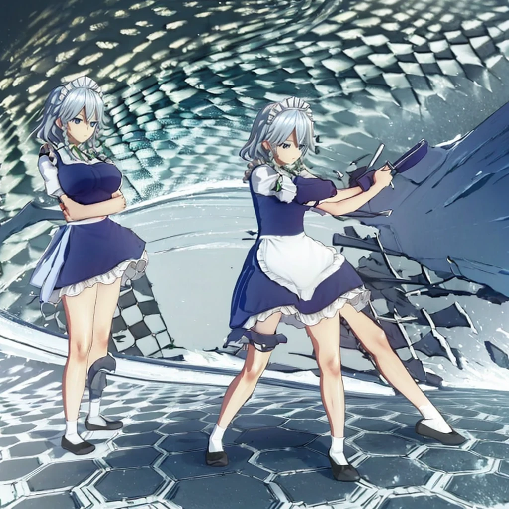 (((High quality))), Sakuya Izayoi, holding knives, epic fight stand, solo, full body, blue maid dress, shoes