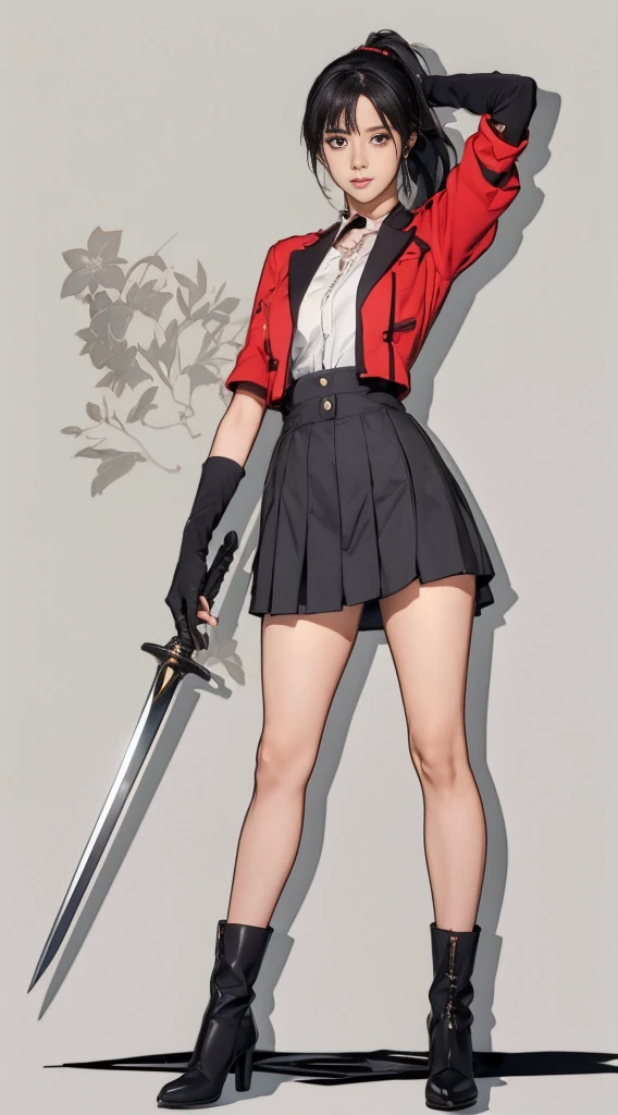 1 Girl、solo、Long Hair、chest、View your viewers、bangs、skirt、大きなchest、Black Hair、Hair Ornaments、gloves、Keep、Brown eyes、Closed Mouth、Are standing、Jacket、whole body、ponytail、arms、Short sleeve、プリーツskirt、boots、Outdoor、 Open clothes、Day、黒いgloves、Puffy sleeves、sword、Hair Flower、ミニskirt、指なしgloves、arms、High heels、オープンJacket、ふくらんでいるShort sleeve、Shadow、赤いskirt、赤いJacket、High heelsboots、クロップドJacket、Reverse Grip