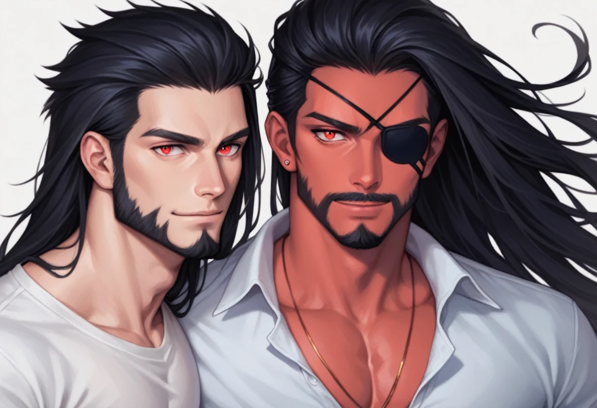  1 white man, ((Eye patch)), sideways smile, Red eye, hair divided in the middle, ((black hair with blue shine)), base Dart Dragunov, anime radiant, white undershirt, (long hair), (Eye patch preto), (thin chin), ((chin beard), ((realistic model)), (red iris)